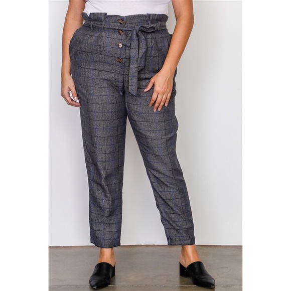 PLUS SIZE GREY PLAID FRILL WAIST BELTED PANTS - Picture 3 of 6